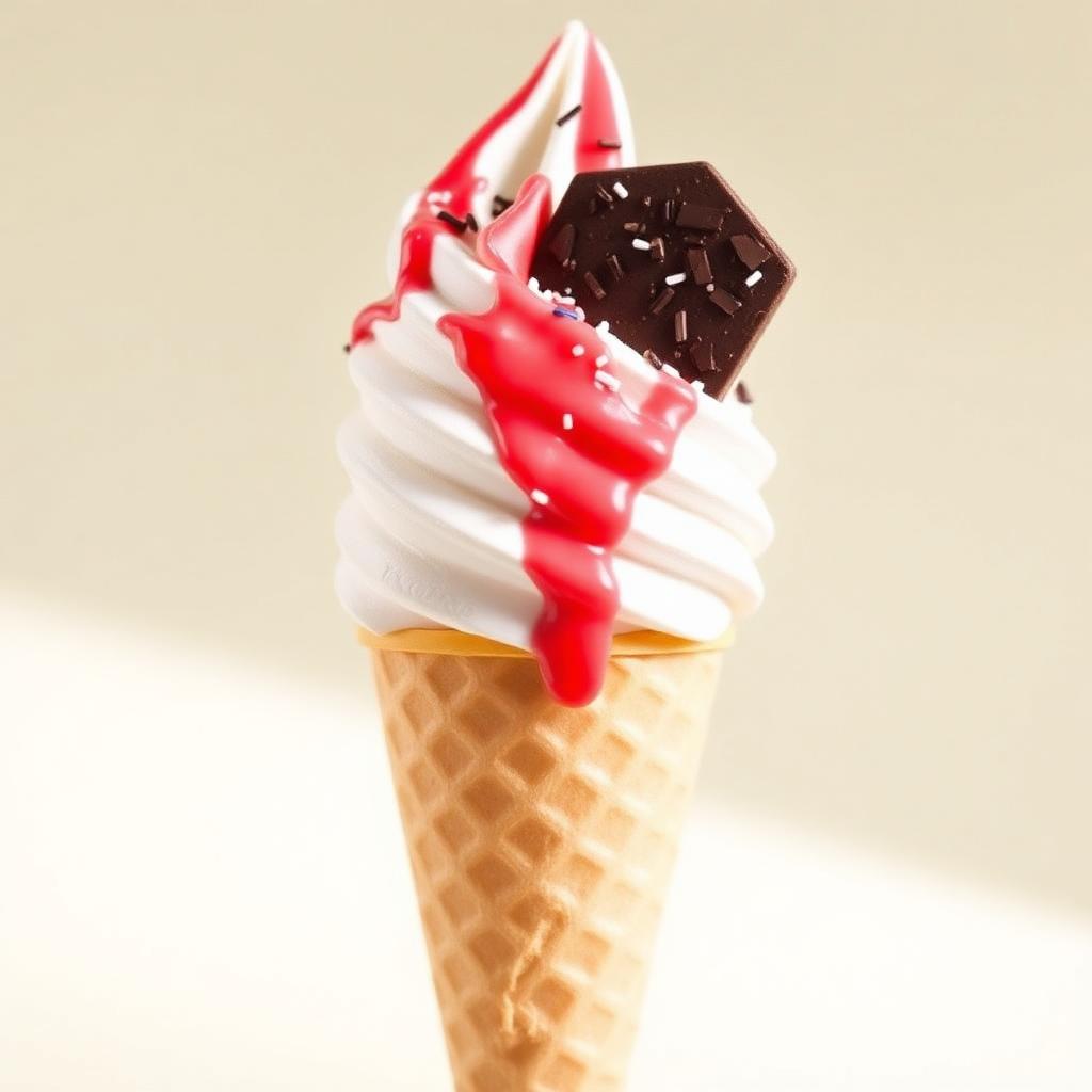Classic Mr Whippy soft serve cone with flake and strawberry sauce